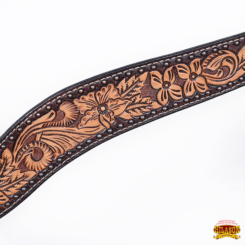 Hilason Horse Floral Hand Carved American Leather Breast Collar Headstall Dark Brown