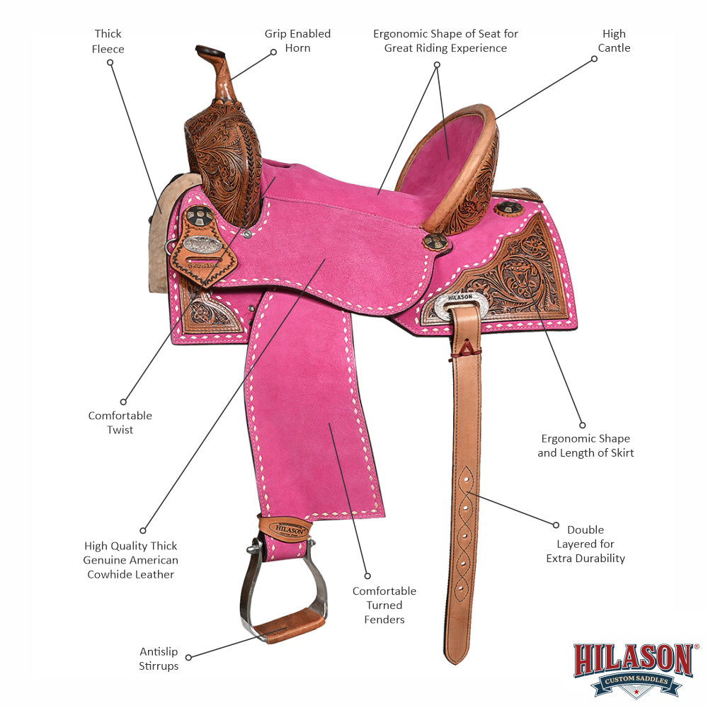 Hilason Western Horse Barrel Flex Tree Trail American Leather Saddle Pink Gorgeous Floral Hand Tooled & Carved