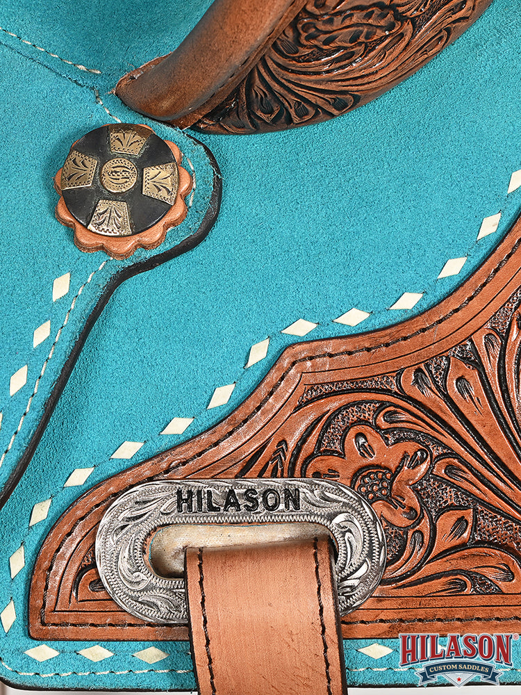 Hilason Western Horse Barrel Flex Tree Trail American Leather Saddle Turquoise Gorgeous Floral Hand Tooled & Carved