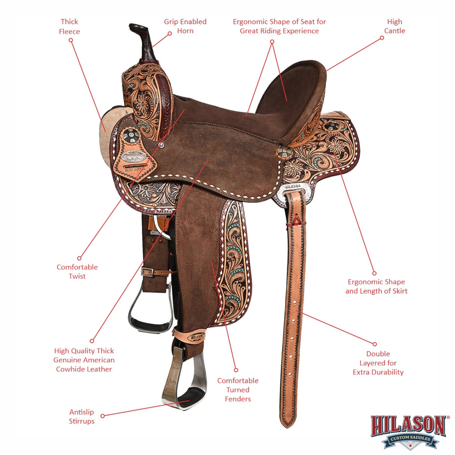 Hilason Western Horse Barrel Flex Tree Trail American Leather Saddle Brown Gorgeous Floral Hand Tooled & Carved