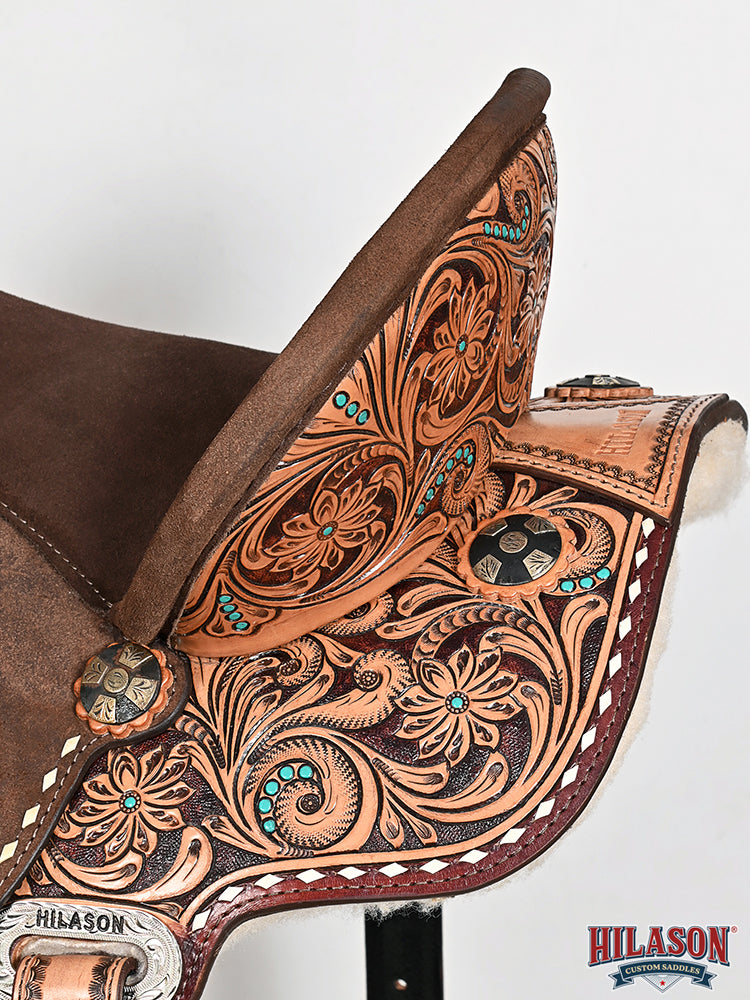Hilason Western Horse Barrel Flex Tree Trail American Leather Saddle Brown Gorgeous Floral Hand Tooled & Carved