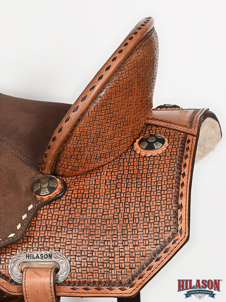 Hilason Western Horse Barrel Flex Tree Trail American Leather Saddle Tan Gorgeous Basket Weave Poker Card Hand Tooled