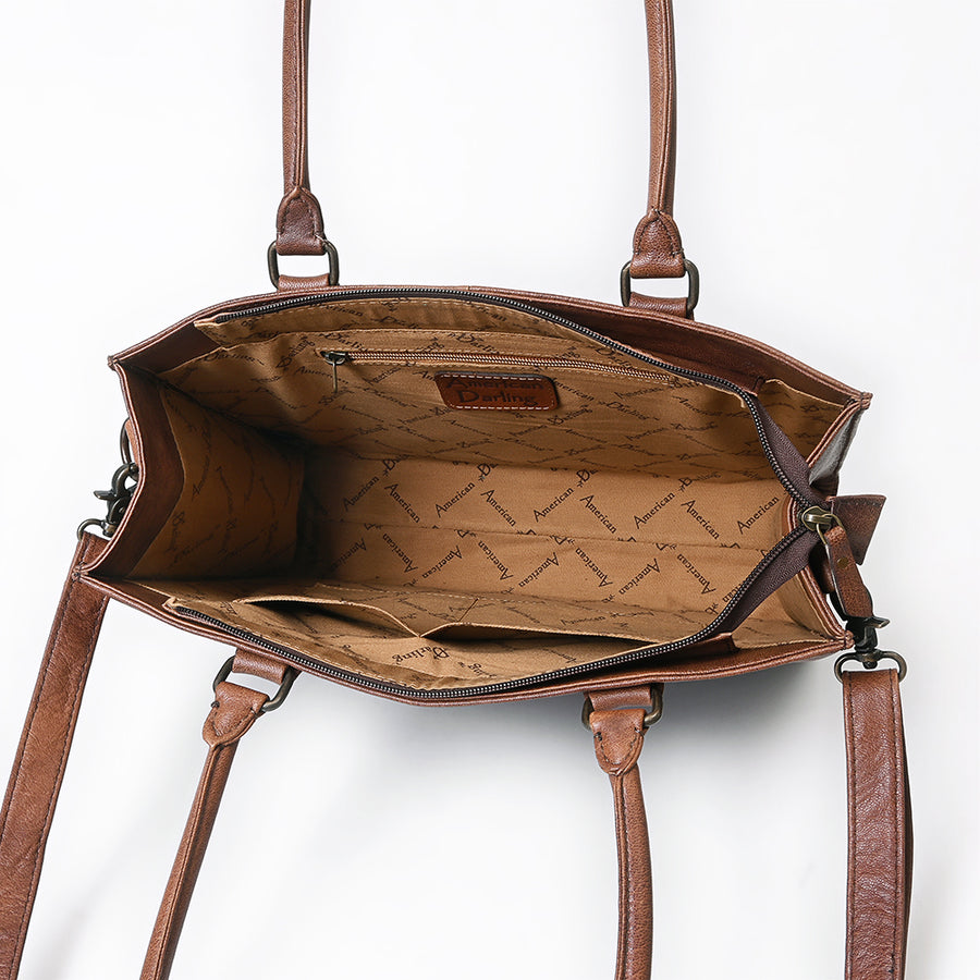 American Darling Western Tote Bag Handcrafted Basket weave Tooled Leather Women Bag | Distressed Rustic Finish, Double Handles & Top YKK Zipper