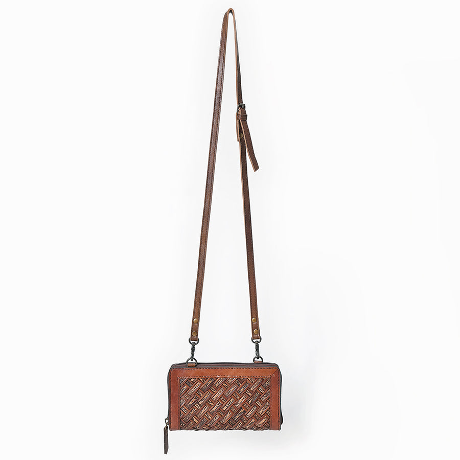 American Darling Small Western Cross Body Wallet Handcrafted from Basket Weave Genuine Leather | Full Grain Trim & YKK Zipper