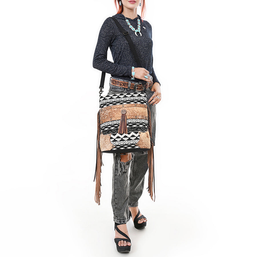 OHLAY Large Crossbody Hair On Upcycled Canvas Genuine Leather Women Bag Western Handbag Purse