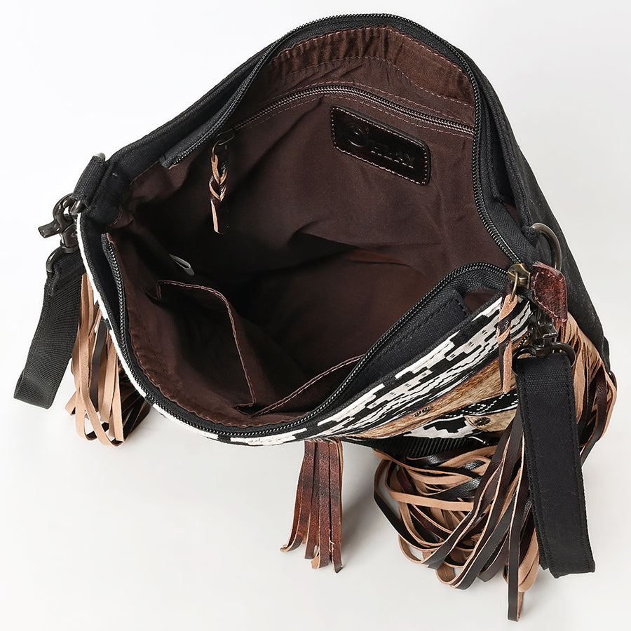 OHLAY Large Crossbody Hair On Upcycled Canvas Genuine Leather Women Bag Western Handbag Purse