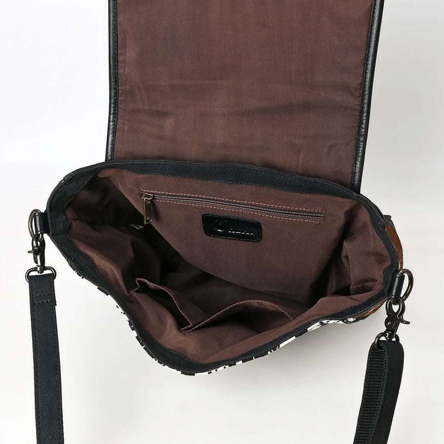 OHLAY Crossbody Hair On Upcycled Canvas Genuine Leather Women Bag Western Handbag Purse