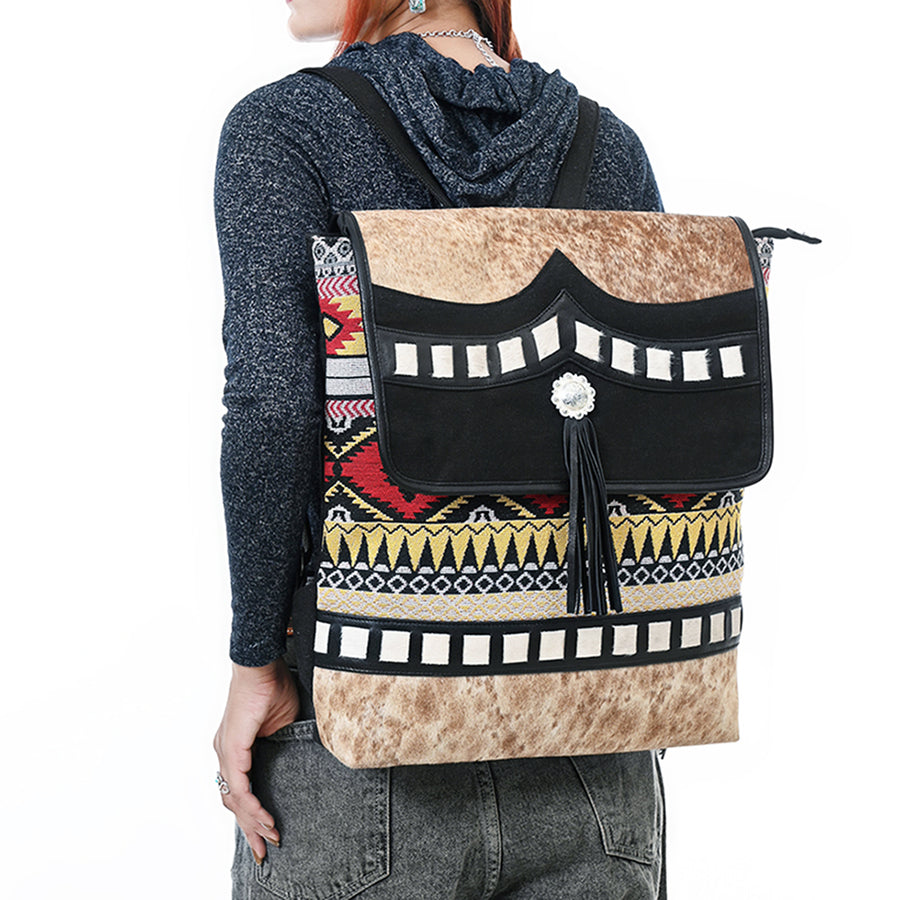 OHLAY Backpack Hair On Upcycled Canvas Genuine Leather Women Bag Western Handbag Purse