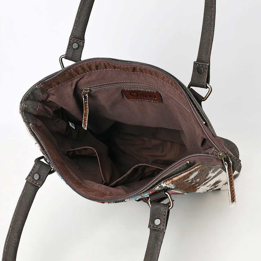 OHLAY Tote Hair On Upcycled Canvas Genuine Leather Women Bag Western Handbag Purse