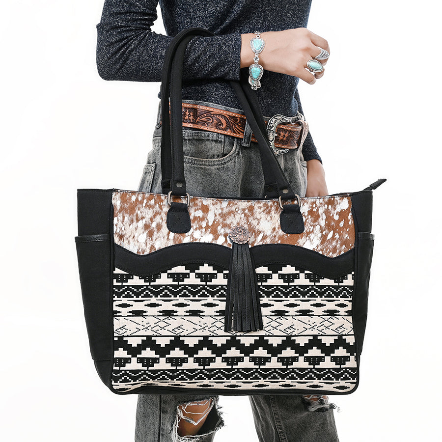 OHLAY Tote Hair On Upcycled Canvas Genuine Leather Women Bag Western Handbag Purse