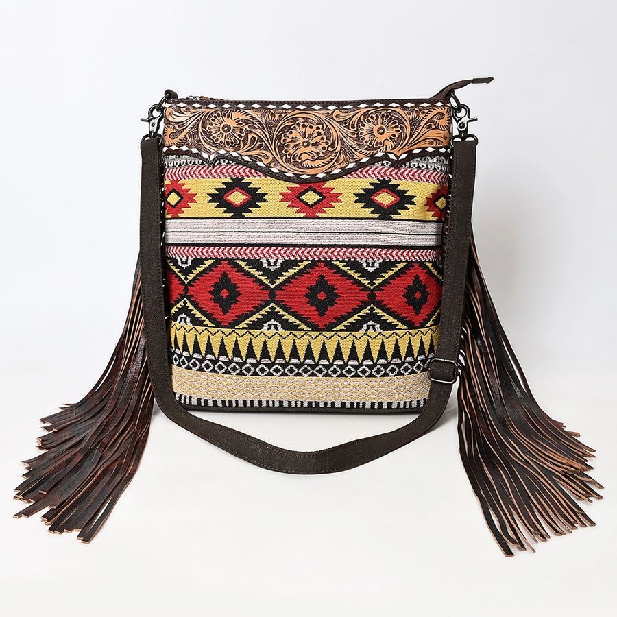 OHLAY Large Crossbody Hand Tooled Upcycled Canvas Genuine Leather Women Bag Western Handbag Purse