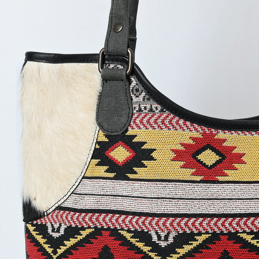 OHLAY Tote Hair On Upcycled Canvas Genuine Leather Women Bag Western Handbag Purse