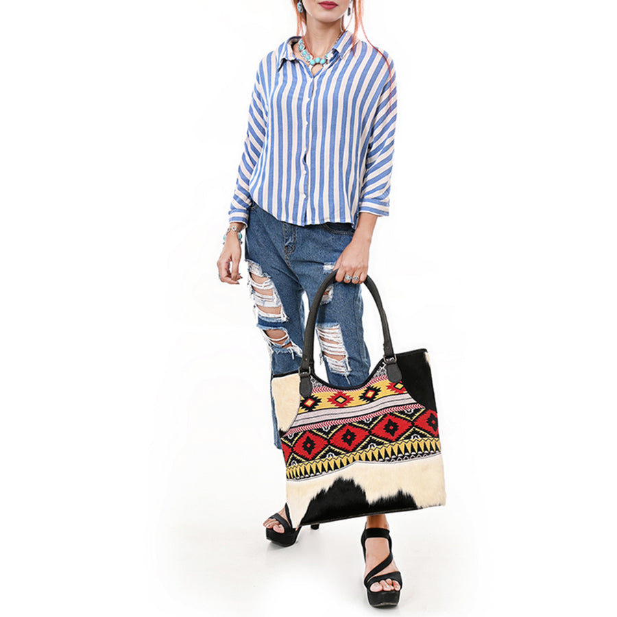 OHLAY Tote Hair On Upcycled Canvas Genuine Leather Women Bag Western Handbag Purse