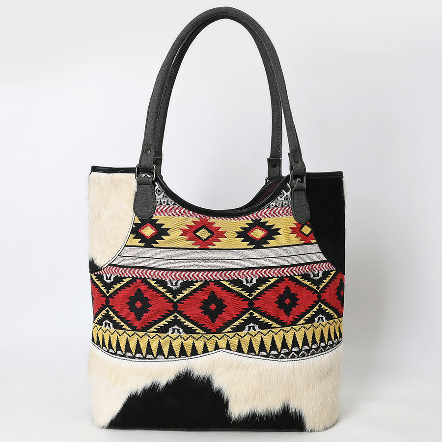 OHLAY Tote Hair On Upcycled Canvas Genuine Leather Women Bag Western Handbag Purse