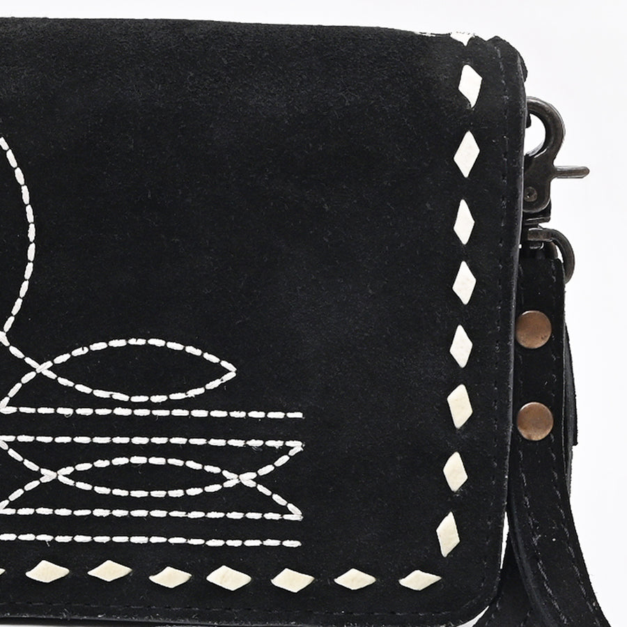 American Darling Western Organizer Bag Handcrafted from Black Genuine Suede Leather | Boot Stitched Flap, Buckstitch Trim & YKK Zipper