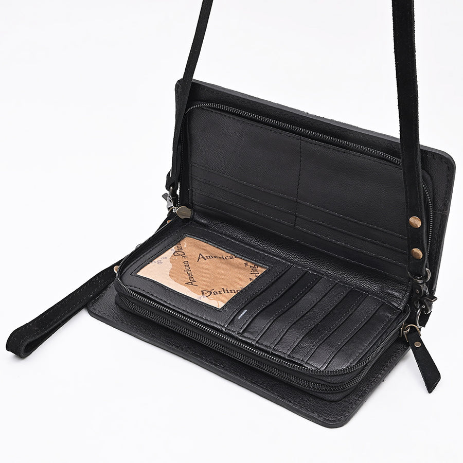 American Darling Western Organizer Bag Handcrafted from Black Genuine Suede Leather | Boot Stitched Flap, Buckstitch Trim & YKK Zipper