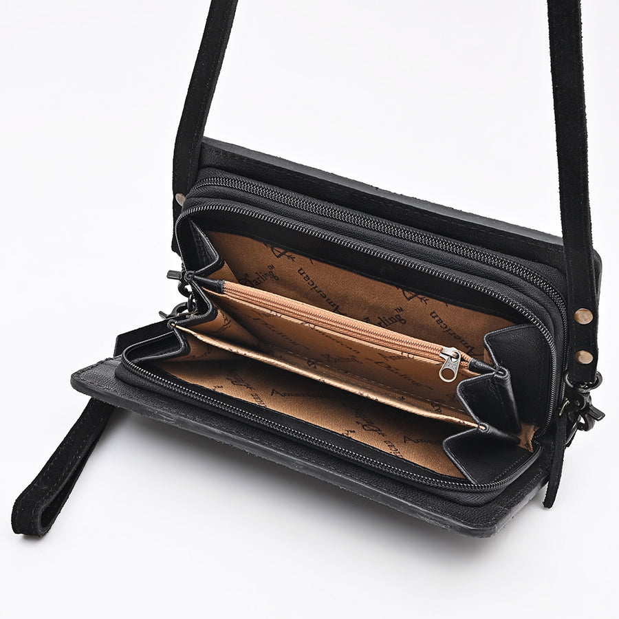 American Darling Western Organizer Bag Handcrafted from Black Genuine Suede Leather | Boot Stitched Flap, Buckstitch Trim & YKK Zipper