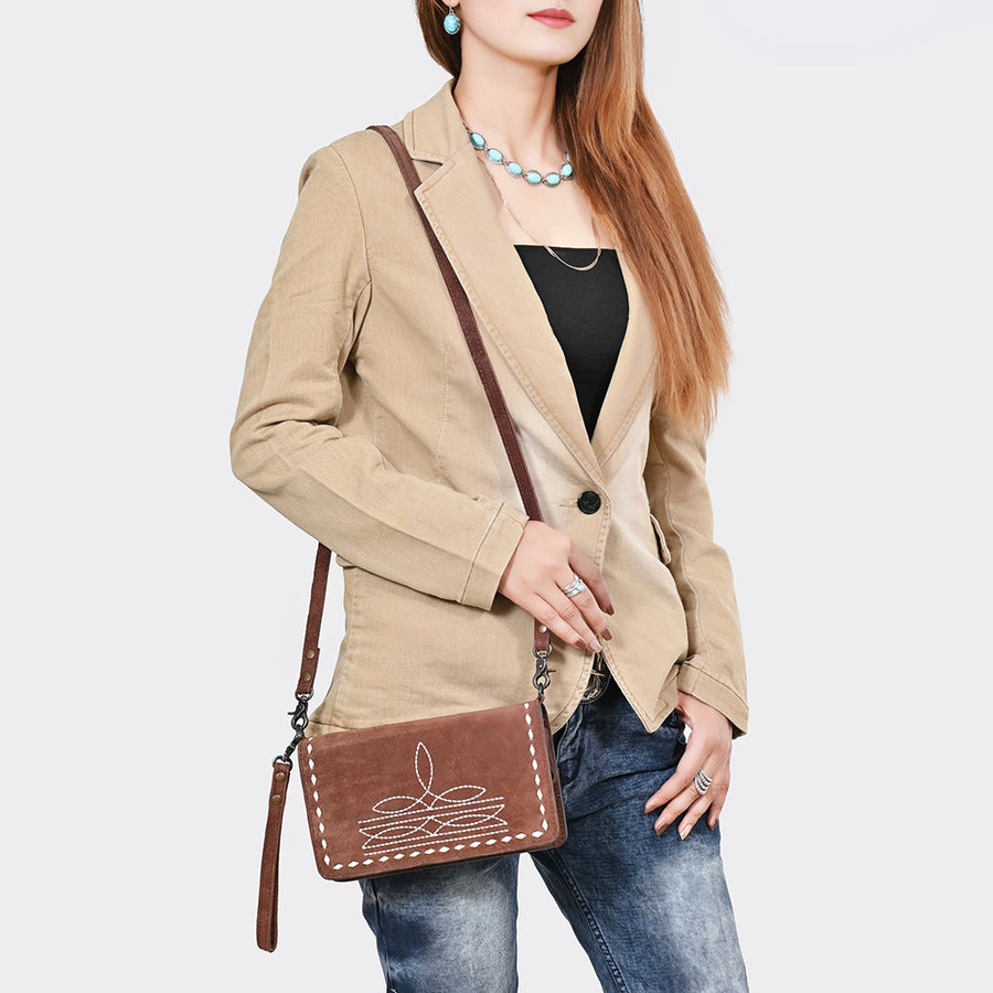American Darling Western Organizer Bag Handcrafted from Black Genuine Suede Leather | Boot Stitched Flap, Buckstitch Trim & YKK Zipper