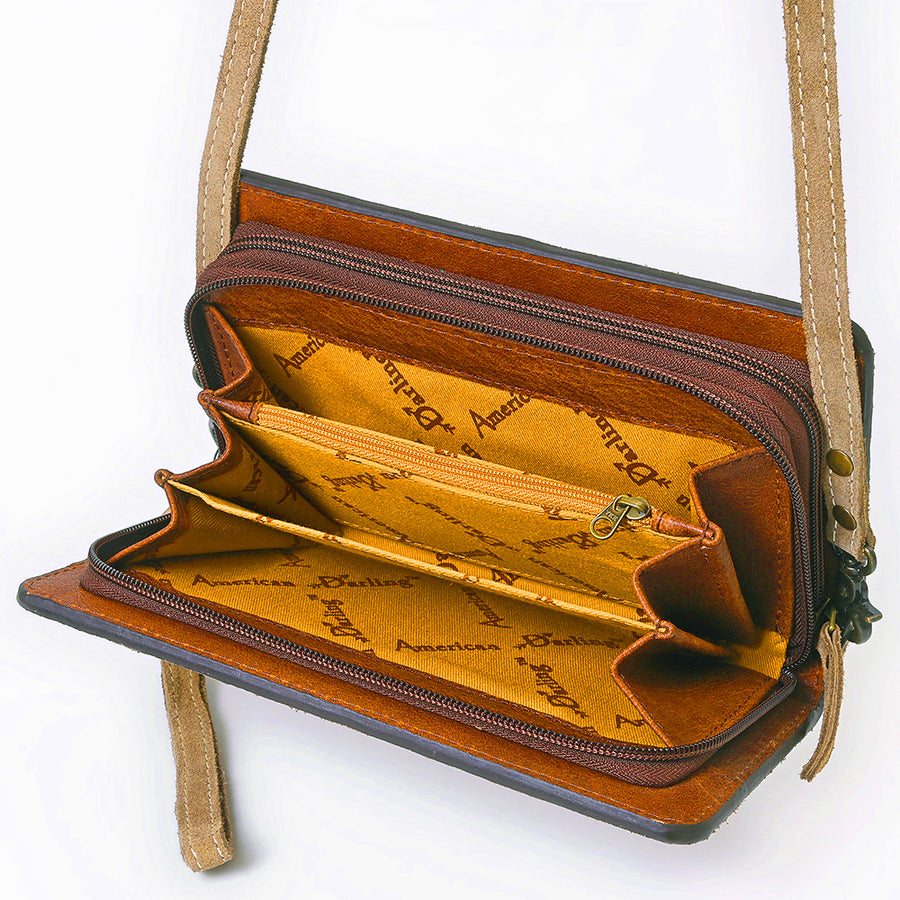 American Darling Western Organizer Bag Handcrafted from Black Genuine Suede Leather | Boot Stitched Flap, Buckstitch Trim & YKK Zipper