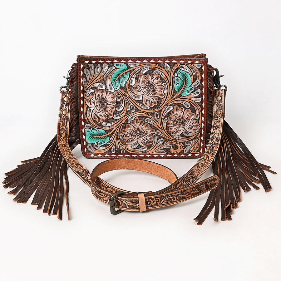American Darling Messenger Bag Handcrafted from Hand Tooled Floral Carved Genuine Leather with Fringes and YKK Zipper