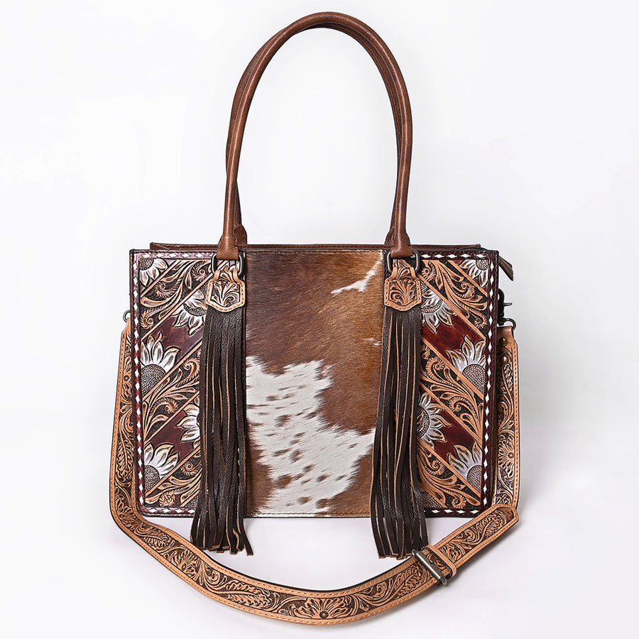 American Darling Western Tote Bag Handcrafted from Hair-On Cowhide & Genuine Leather | Fringe, Hand-Tooled Accents & YKK Zipper