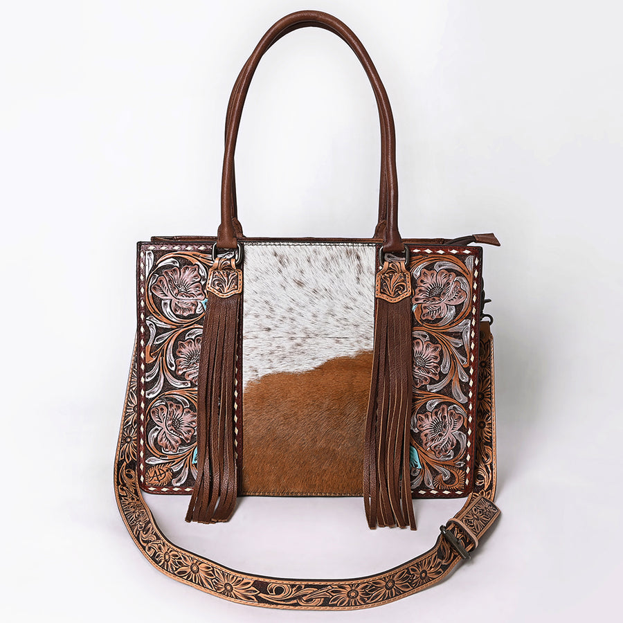 American Darling Western Tote Bag Handcrafted from Hair-On Cowhide & Genuine Leather | Fringe, Hand-Tooled Accents & YKK Zipper