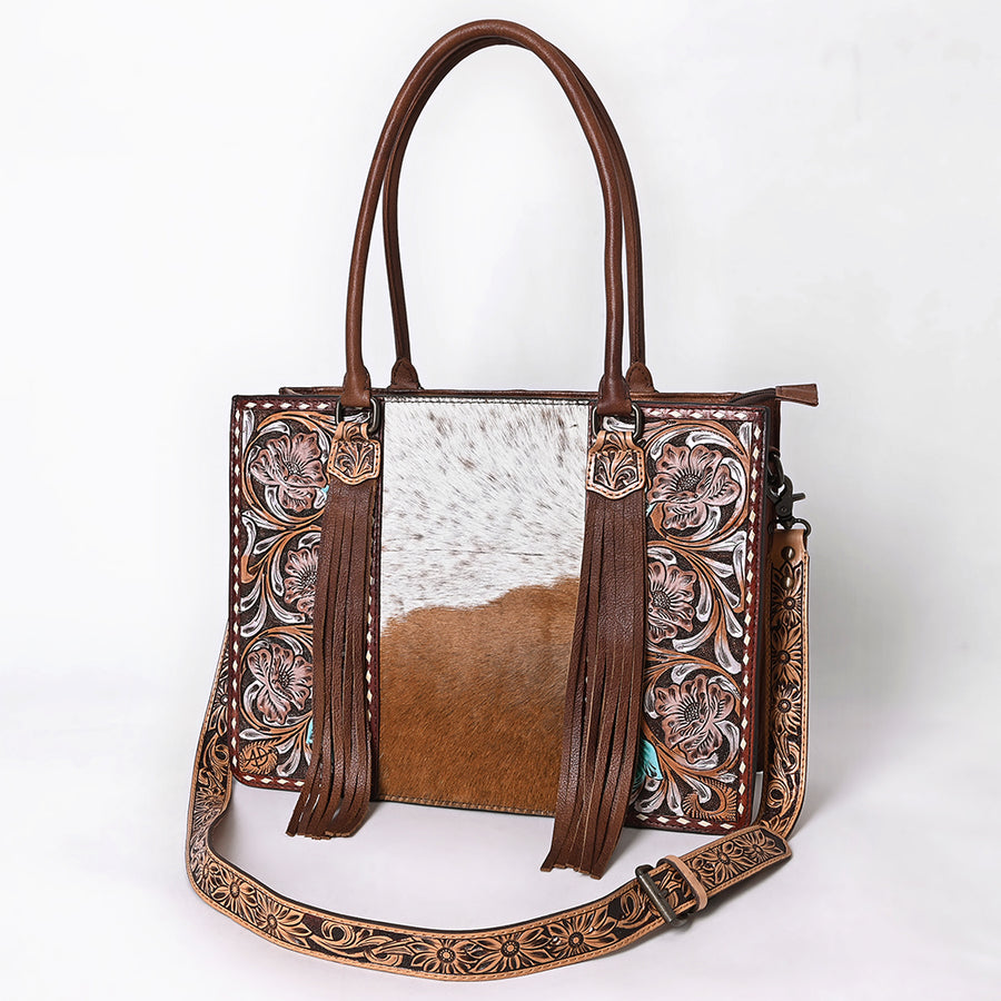 American Darling Cowhide Fringe Tote Bag | Hand-Tooled Western Shoulder Bag - Uhorse