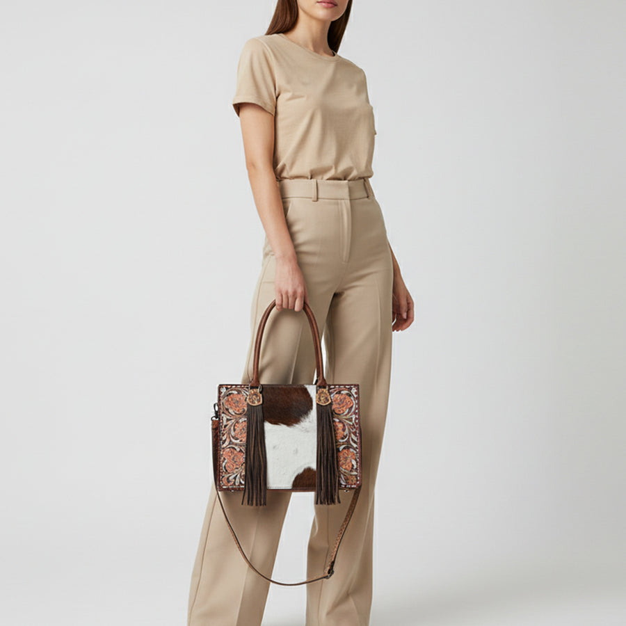 American Darling Western Tote Bag Handcrafted from Hair-On Cowhide & Genuine Leather | Fringe, Hand-Tooled Accents & YKK Zipper