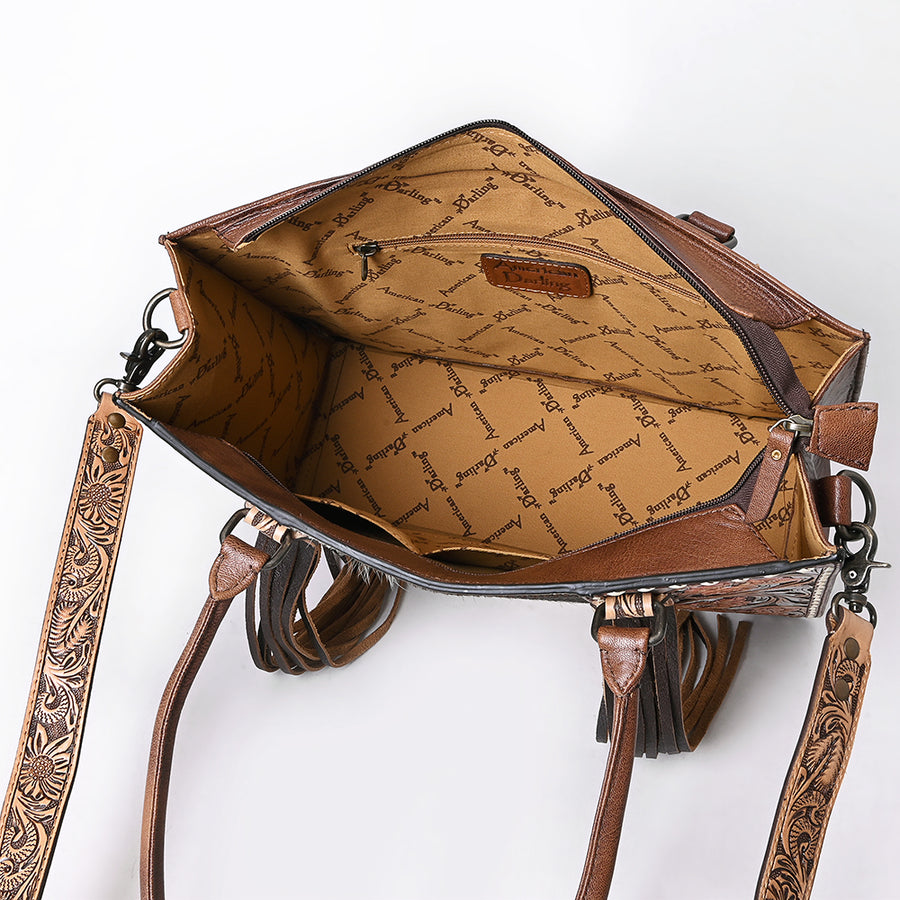 American Darling Western Tote Bag Handcrafted from Hair-On Cowhide & Genuine Leather | Fringe, Hand-Tooled Accents & YKK Zipper