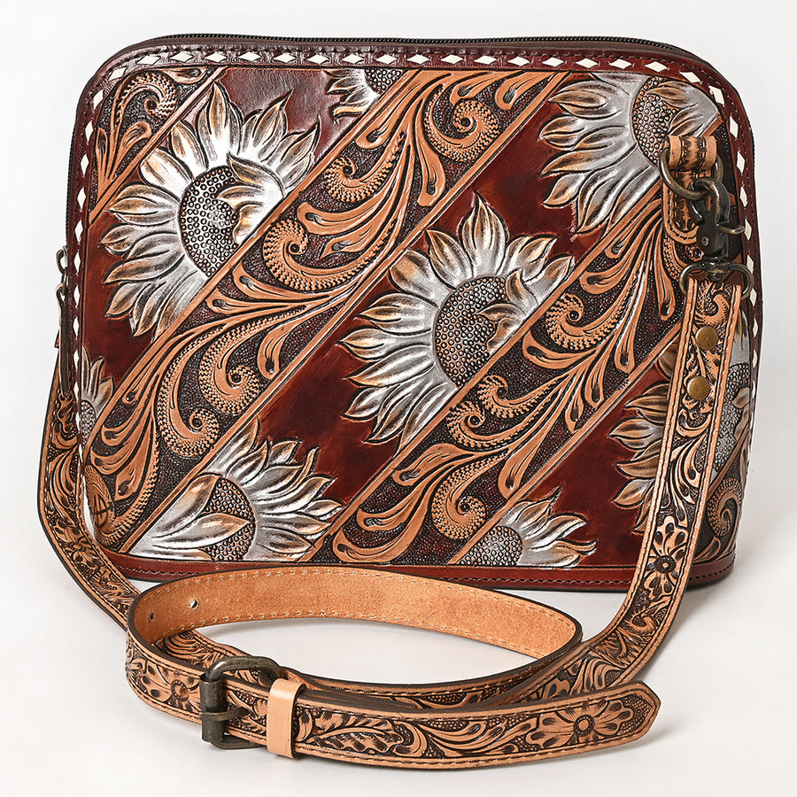 American Darling Western Cross Body Bag Handcrafted from Hand Tooled Genuine Leather | Sunflower Design, Buckstitch Trim & YKK Zipper