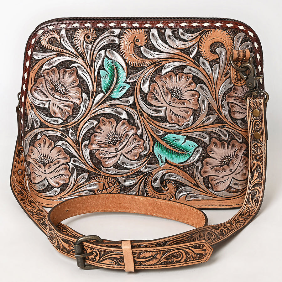 American Darling Western Cross Body Bag Handcrafted from Hand Tooled Genuine Leather | Sunflower Design, Buckstitch Trim & YKK Zipper