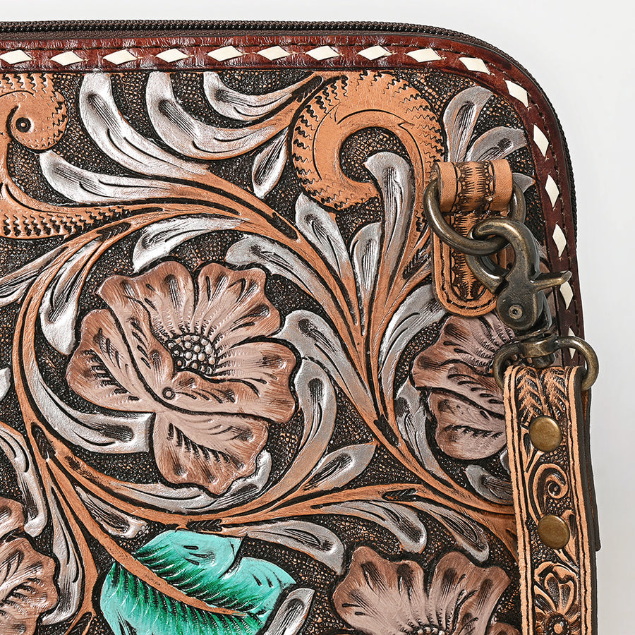 American Darling Western Cross Body Bag Handcrafted from Hand Tooled Genuine Leather | Sunflower Design, Buckstitch Trim & YKK Zipper