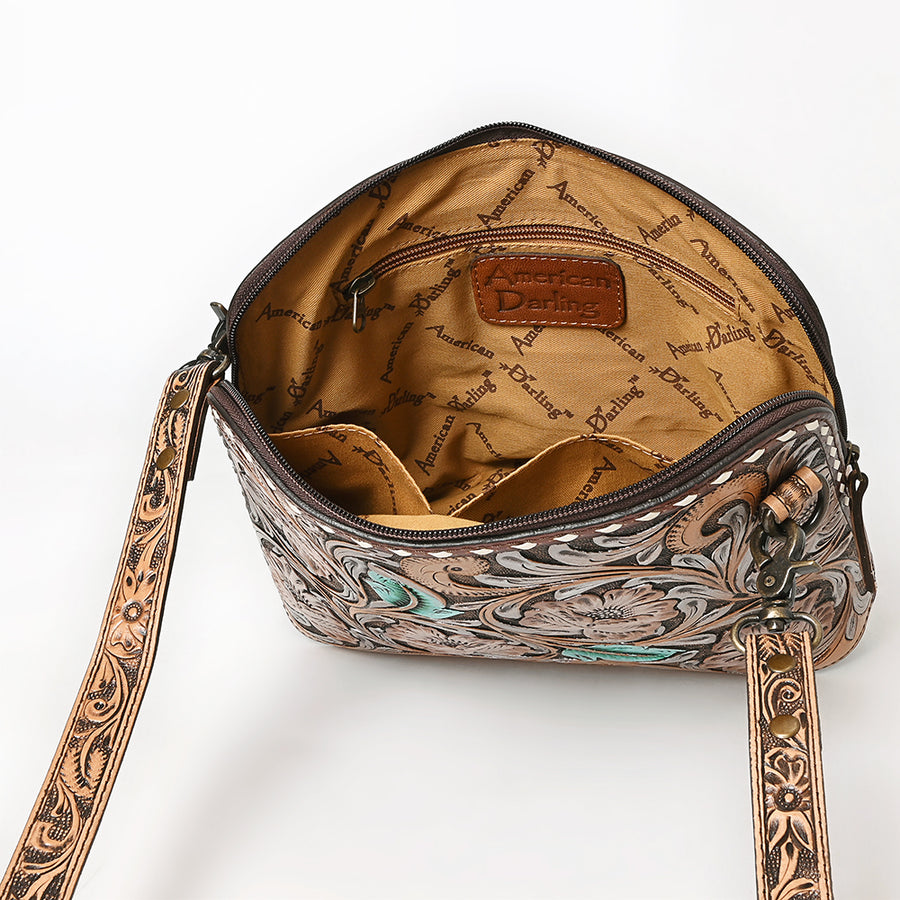 American Darling Western Cross Body Bag Handcrafted from Hand Tooled Genuine Leather | Sunflower Design, Buckstitch Trim & YKK Zipper