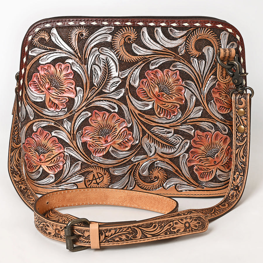 American Darling Western Cross Body Bag Handcrafted from Hand Tooled Genuine Leather | Sunflower Design, Buckstitch Trim & YKK Zipper
