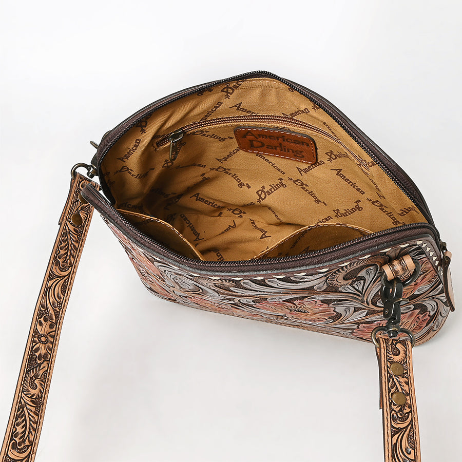 American Darling Western Cross Body Bag Handcrafted from Hand Tooled Genuine Leather | Sunflower Design, Buckstitch Trim & YKK Zipper