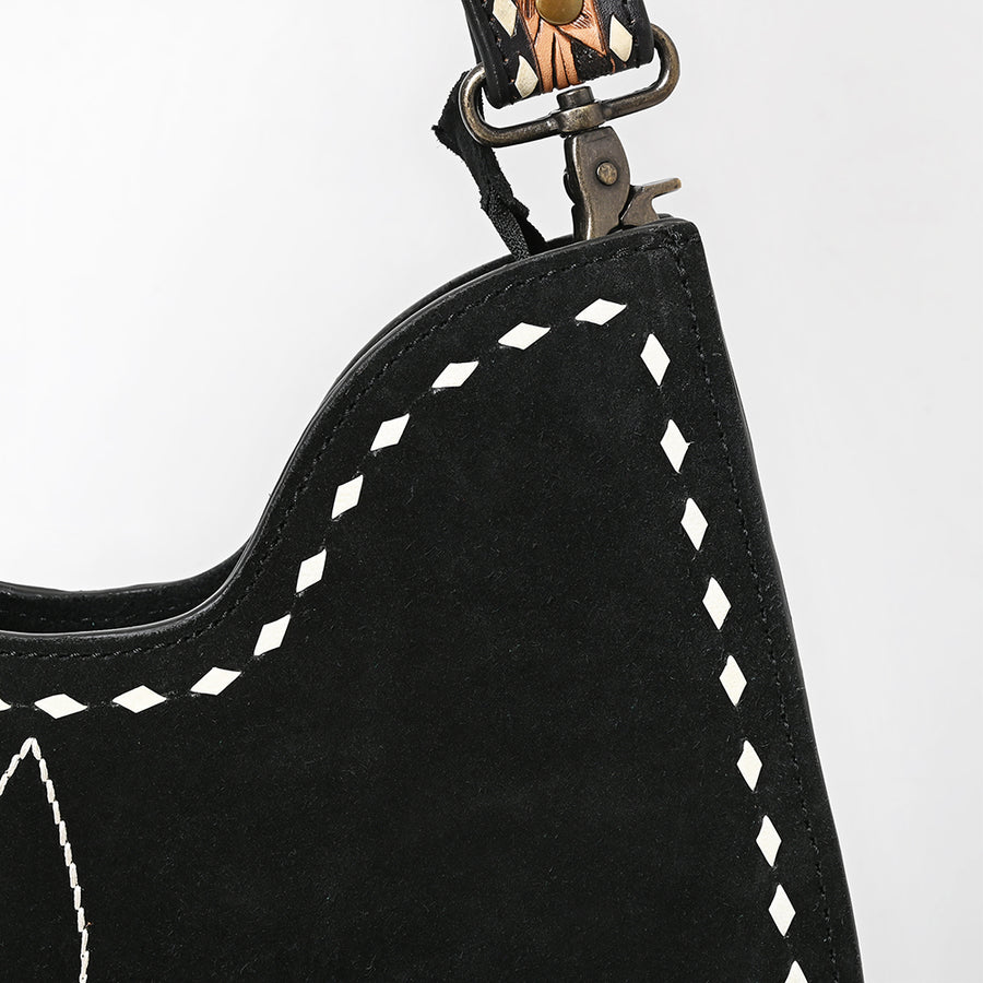 American Darling Western Hobo Bag Handcrafted from Black Genuine Suede Leather | Boot Stitched Front, Hand-Tooled Floral Strap & YKK Zipper