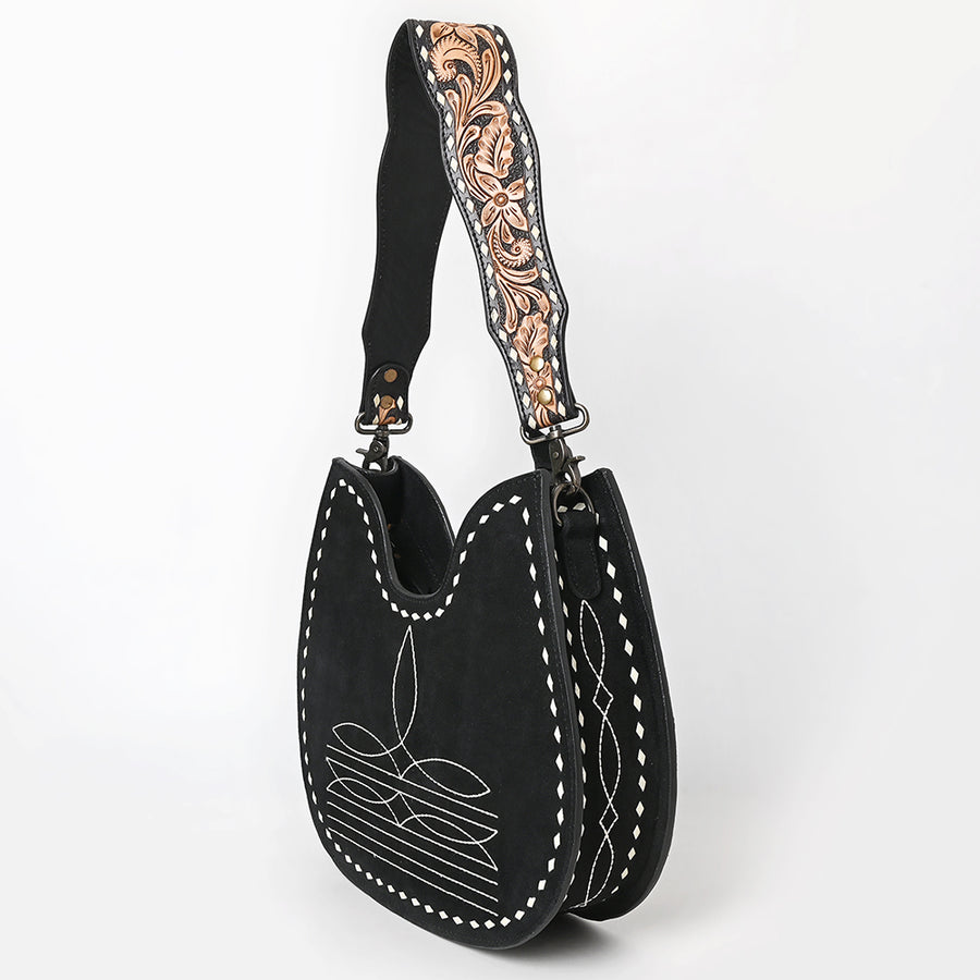 American Darling Western Hobo Bag Handcrafted from Black Genuine Suede Leather | Boot Stitched Front, Hand-Tooled Floral Strap & YKK Zipper