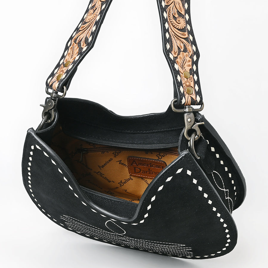 American Darling Western Hobo Bag Handcrafted from Black Genuine Suede Leather | Boot Stitched Front, Hand-Tooled Floral Strap & YKK Zipper