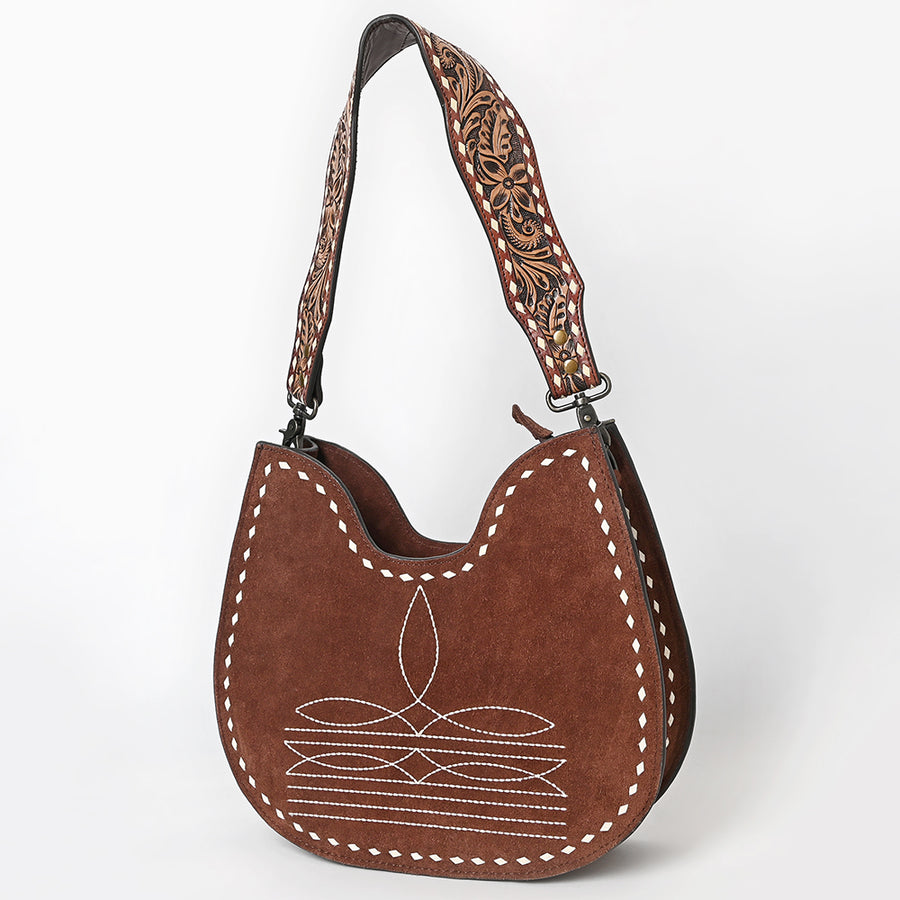 American Darling Genuine Suede Hobo Bag | Boot Stitched Tooled Leather Strap - Uhorse