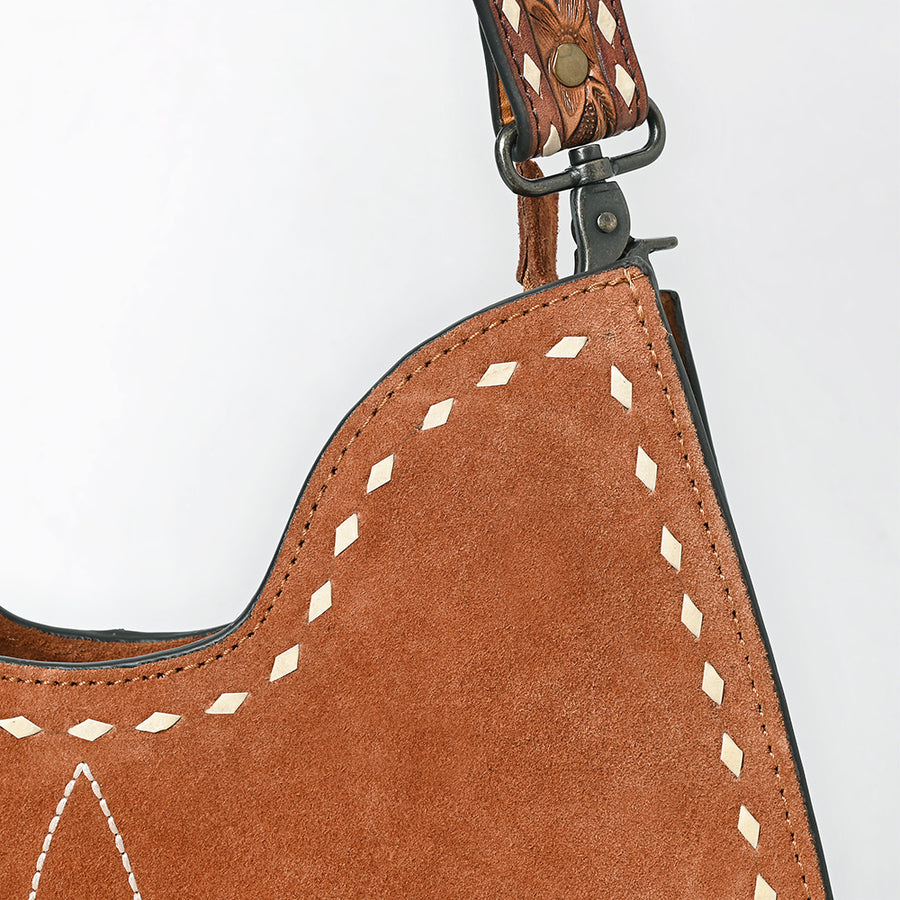 American Darling Western Hobo Bag Handcrafted from Black Genuine Suede Leather | Boot Stitched Front, Hand-Tooled Floral Strap & YKK Zipper