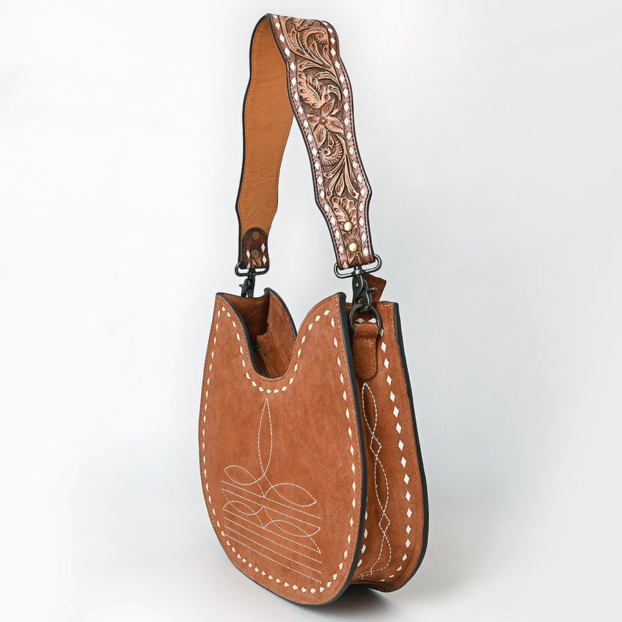 American Darling Western Hobo Bag Handcrafted from Black Genuine Suede Leather | Boot Stitched Front, Hand-Tooled Floral Strap & YKK Zipper