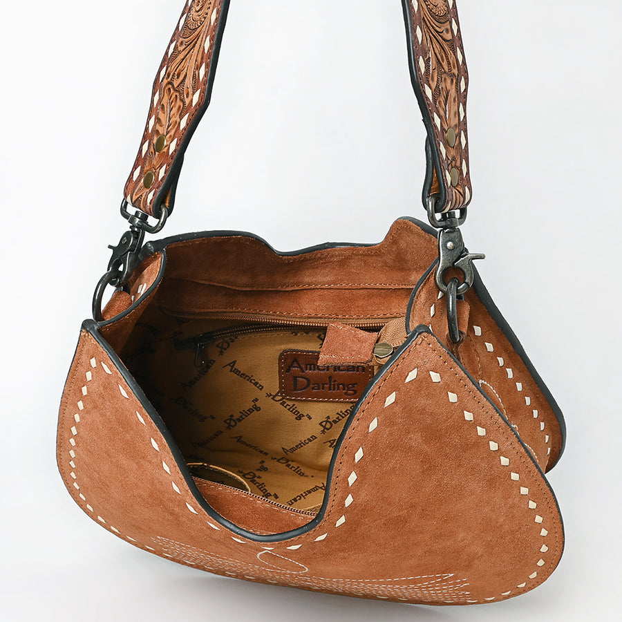 American Darling Western Hobo Bag Handcrafted from Black Genuine Suede Leather | Boot Stitched Front, Hand-Tooled Floral Strap & YKK Zipper