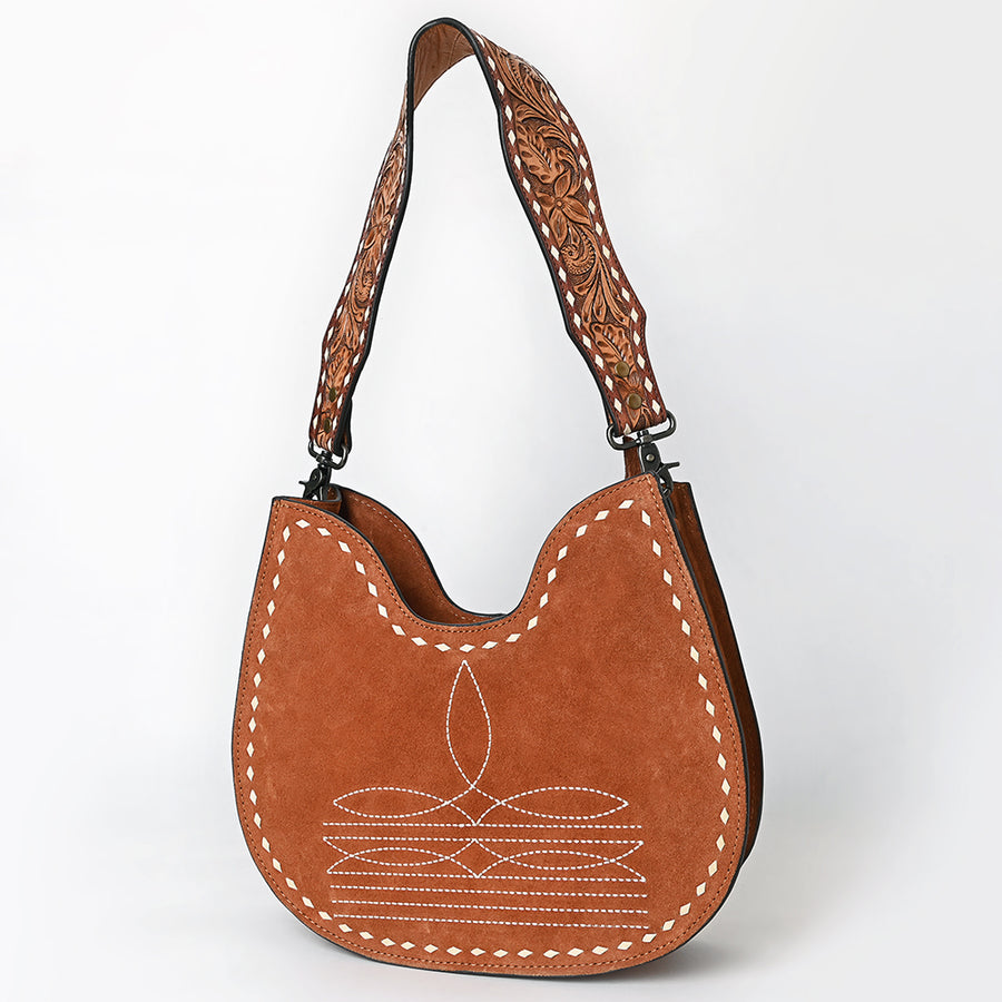 American Darling Genuine Suede Hobo Bag | Boot Stitched Hand-Tooled Leather Strap - Uhorse