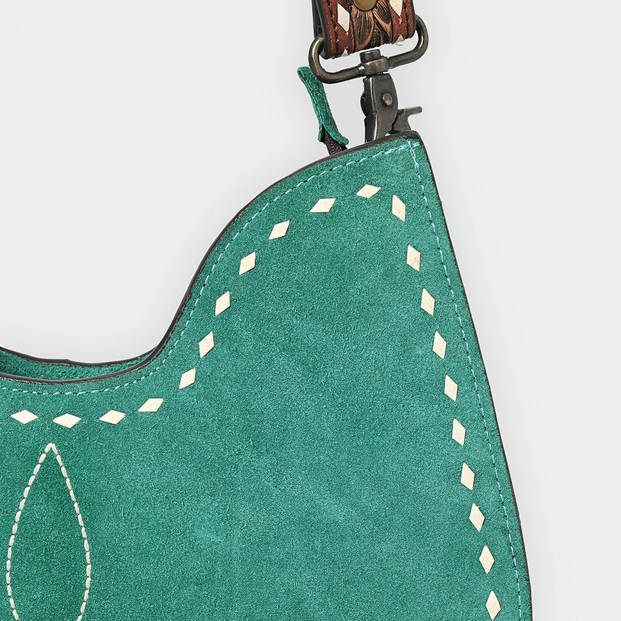 American Darling Western Hobo Bag Handcrafted from Black Genuine Suede Leather | Boot Stitched Front, Hand-Tooled Floral Strap & YKK Zipper