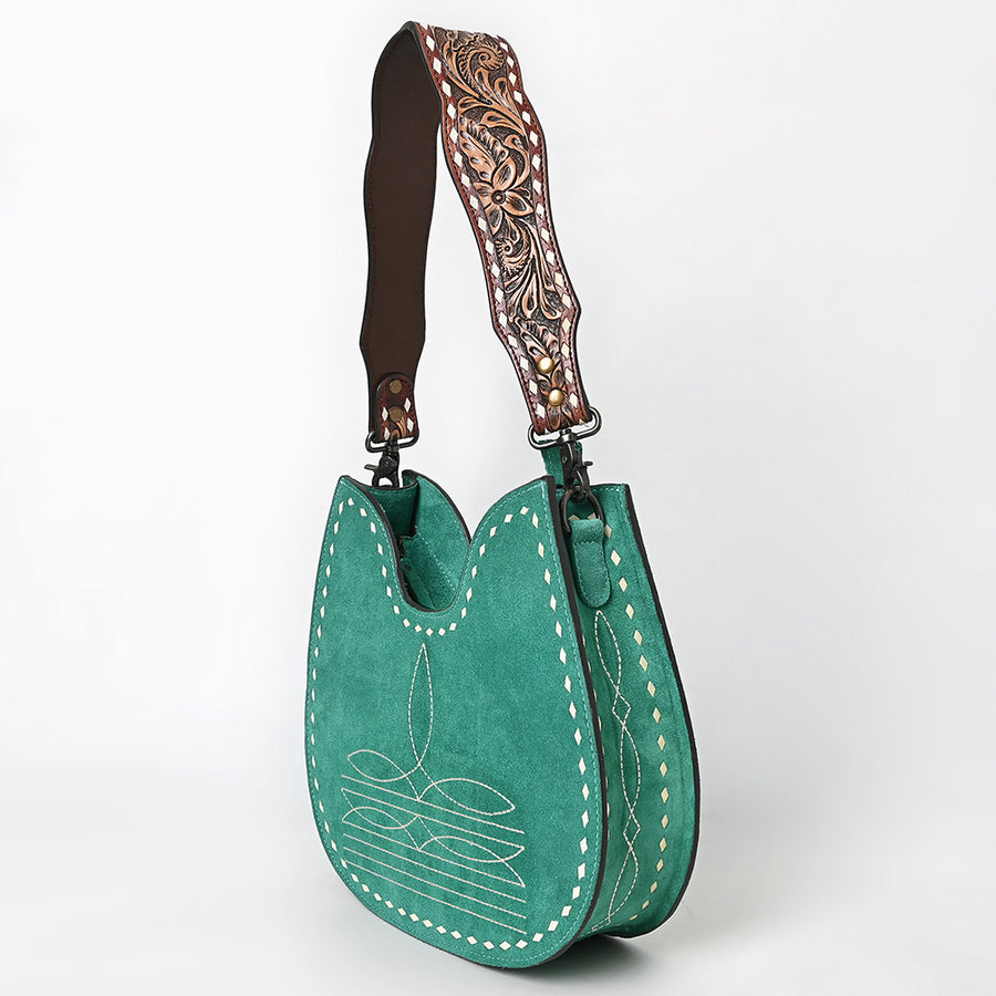 American Darling Western Hobo Bag Handcrafted from Black Genuine Suede Leather | Boot Stitched Front, Hand-Tooled Floral Strap & YKK Zipper