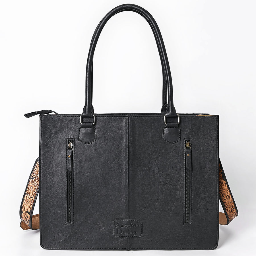 American Darling Western Tote Bag for Women, Hand Tooled Floral Carved & Crocodile Embossed Leather, Longhorn Motif with Fringe