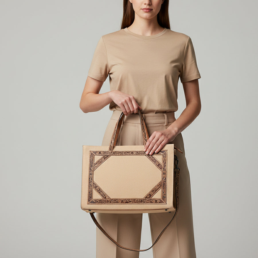 American Darling Tote Bag for Women, Hand Tooled Floral Carved Panels, Vegetable-Tanned Genuine Leather Western Purse