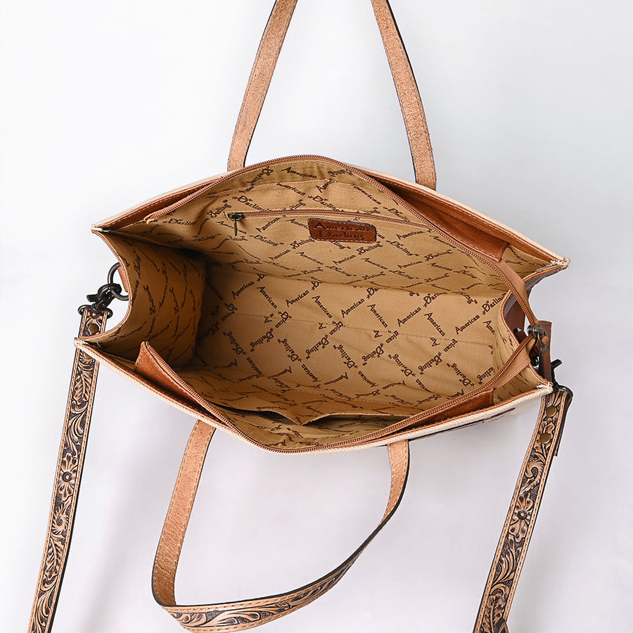 American Darling Tote Bag for Women, Hand Tooled Floral Carved Panels, Vegetable-Tanned Genuine Leather Western Purse