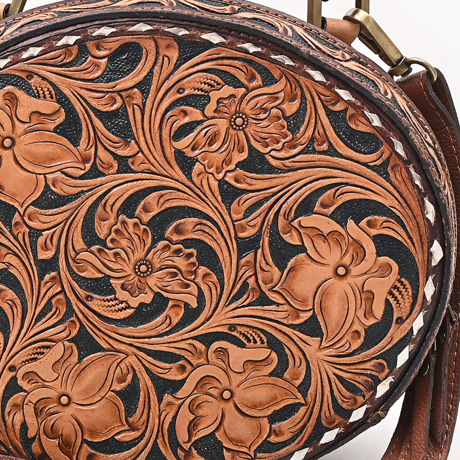 American Darling Canteen Bag Western Hand Tooled Floral Genuine Leather Purse with Buck Stitched Detail and YKK Zipper