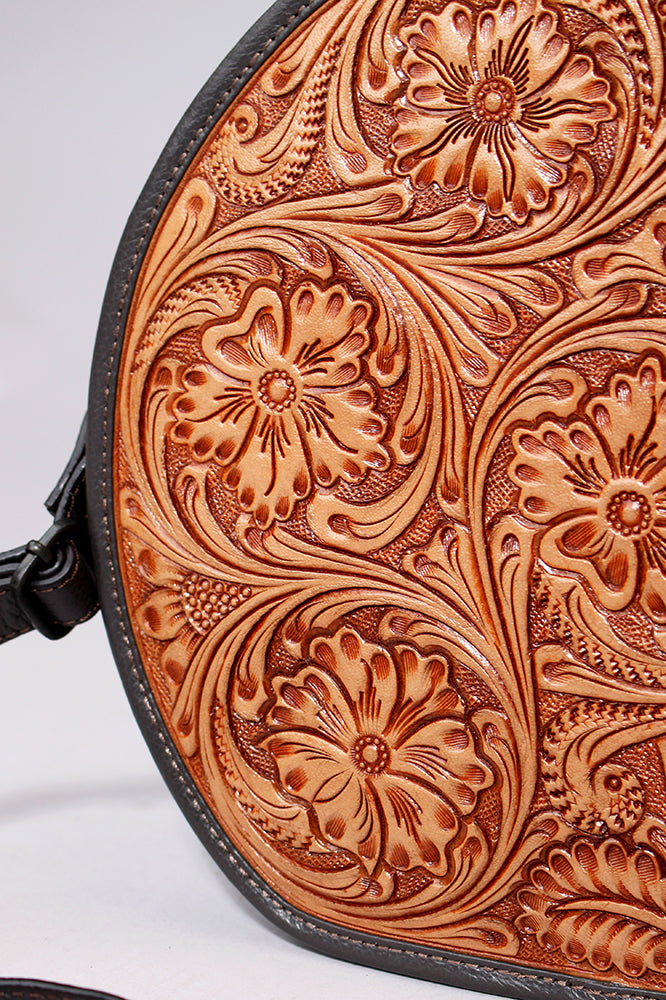OHLAY Canteen Hand Tooled Genuine Leather Women Bag Western Handbag Purse